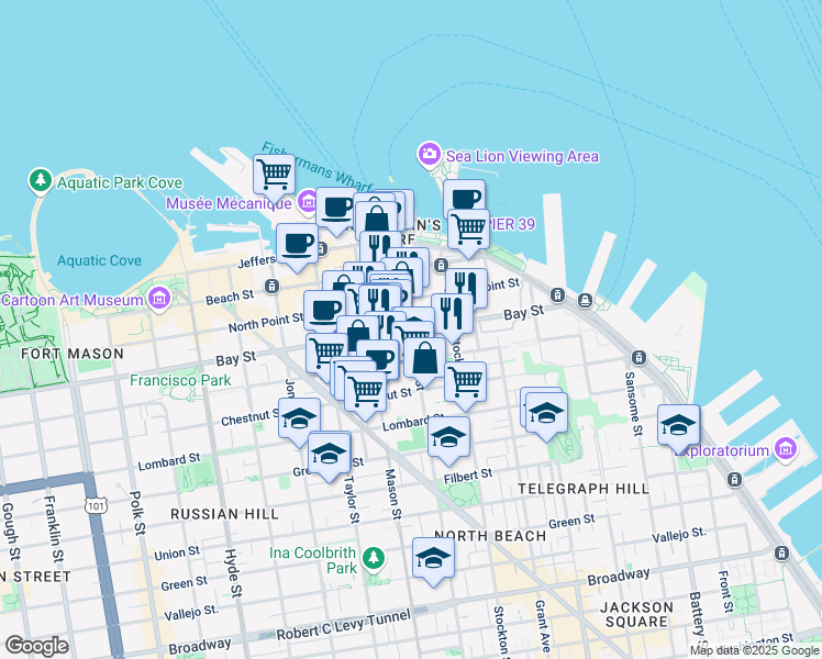 map of restaurants, bars, coffee shops, grocery stores, and more near Bay Street & Powell Street in San Francisco