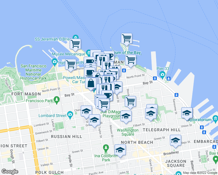map of restaurants, bars, coffee shops, grocery stores, and more near 360 Bay Street in San Francisco