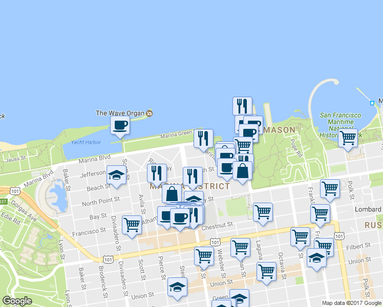 map of restaurants, bars, coffee shops, grocery stores, and more near 209 Marina Boulevard in San Francisco
