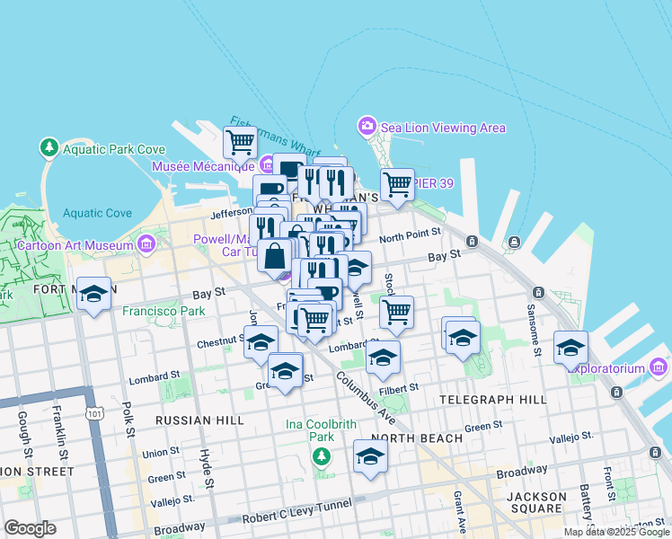 map of restaurants, bars, coffee shops, grocery stores, and more near 350 Bay Street in San Francisco