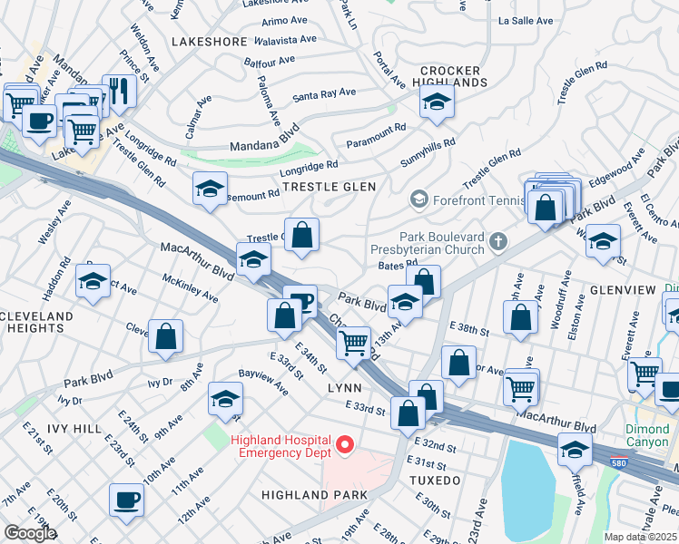 map of restaurants, bars, coffee shops, grocery stores, and more near 940 Alma Place in Oakland