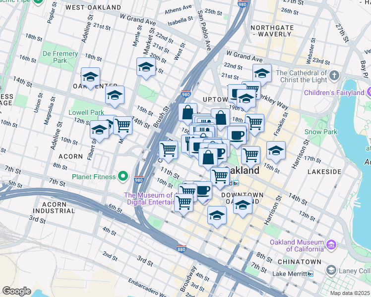 map of restaurants, bars, coffee shops, grocery stores, and more near 1389 Jefferson Street in Oakland