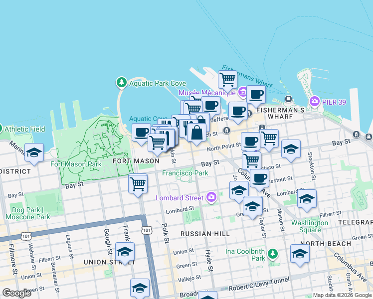 map of restaurants, bars, coffee shops, grocery stores, and more near 822 North Point Street in San Francisco