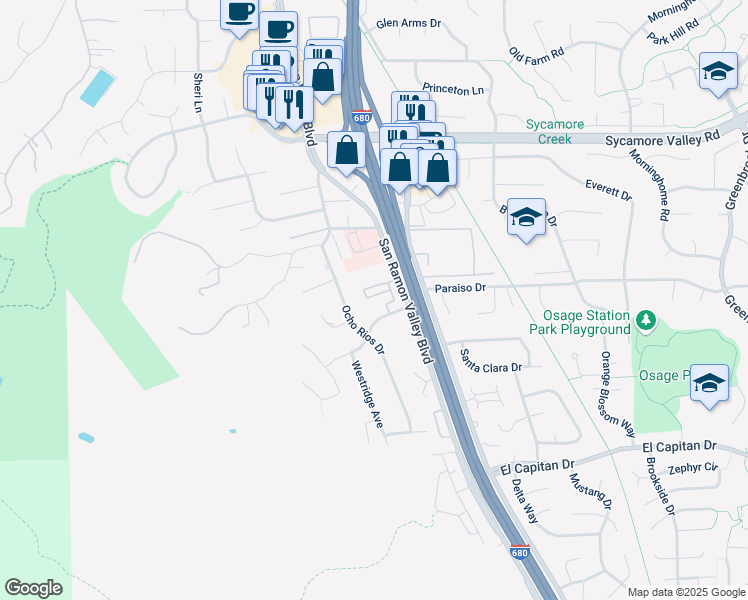 map of restaurants, bars, coffee shops, grocery stores, and more near 145 Westfield Circle in Danville