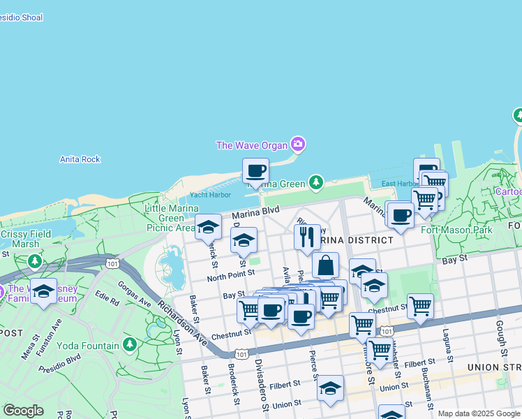 map of restaurants, bars, coffee shops, grocery stores, and more near 500 Marina Boulevard in San Francisco