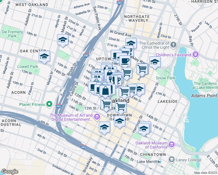 map of restaurants, bars, coffee shops, grocery stores, and more near 250 Frank H. Ogawa Plaza in Oakland