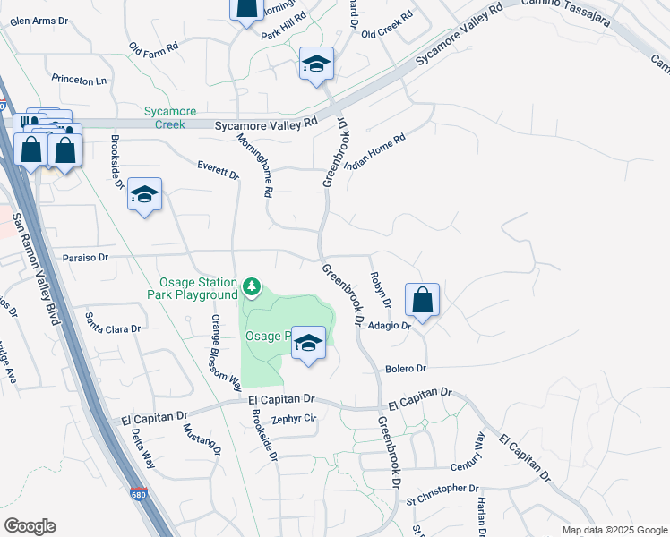 map of restaurants, bars, coffee shops, grocery stores, and more near 1215 Greenbrook Drive in Danville