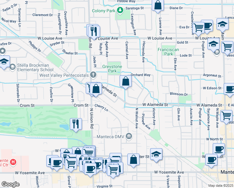 map of restaurants, bars, coffee shops, grocery stores, and more near 1023 West Alameda Street in Manteca