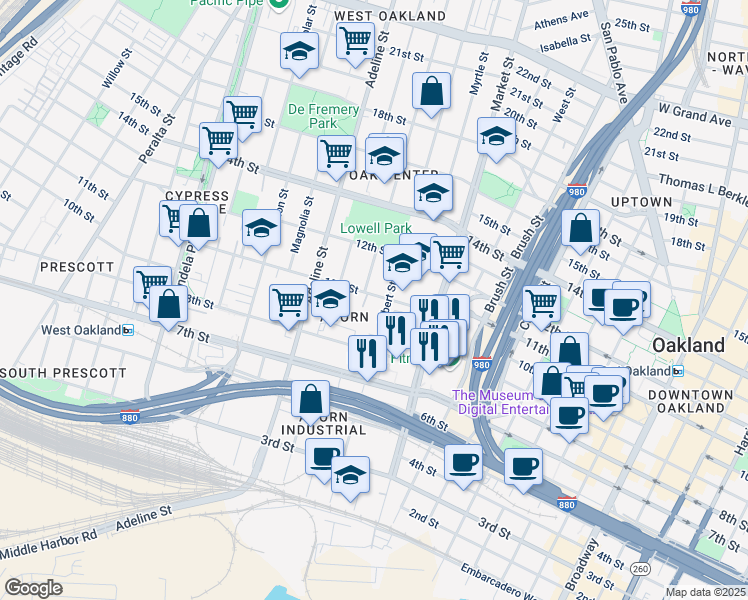 map of restaurants, bars, coffee shops, grocery stores, and more near 1009 10th Street in Oakland
