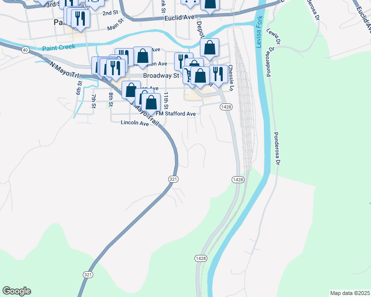 map of restaurants, bars, coffee shops, grocery stores, and more near Pointview Court in Paintsville