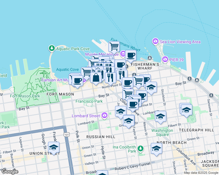 map of restaurants, bars, coffee shops, grocery stores, and more near 685 North Point Street in San Francisco