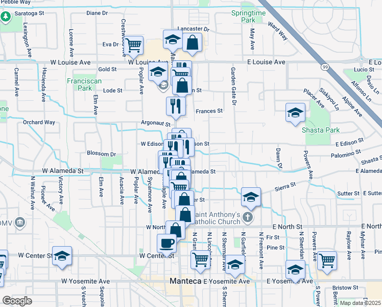 map of restaurants, bars, coffee shops, grocery stores, and more near 576 North Grant Avenue in Manteca