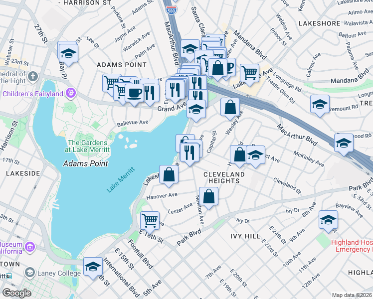 map of restaurants, bars, coffee shops, grocery stores, and more near 2204 Lakeshore Avenue in Oakland