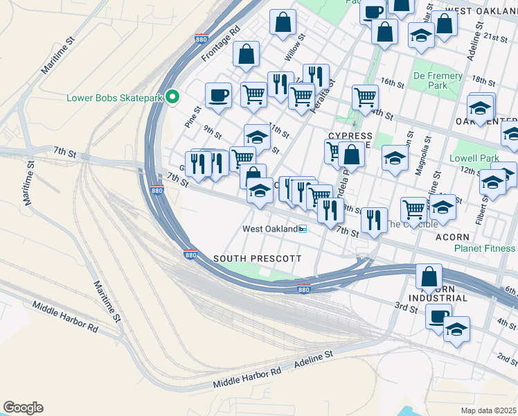 map of restaurants, bars, coffee shops, grocery stores, and more near in Oakland