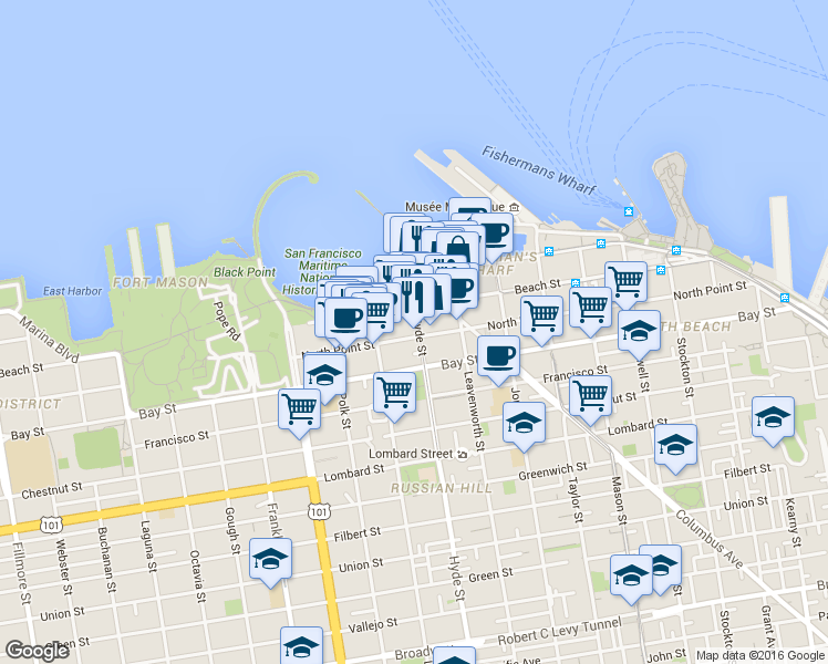 map of restaurants, bars, coffee shops, grocery stores, and more near in San Francisco
