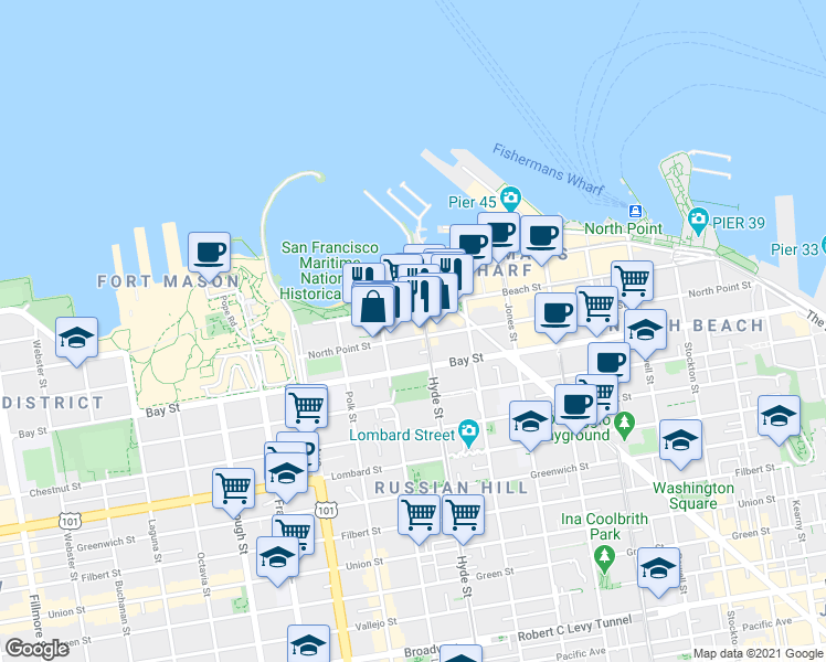 map of restaurants, bars, coffee shops, grocery stores, and more near in San Francisco