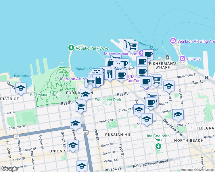 map of restaurants, bars, coffee shops, grocery stores, and more near 834 North Point Street in San Francisco