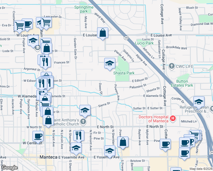 map of restaurants, bars, coffee shops, grocery stores, and more near 497 Ribier Court in Manteca