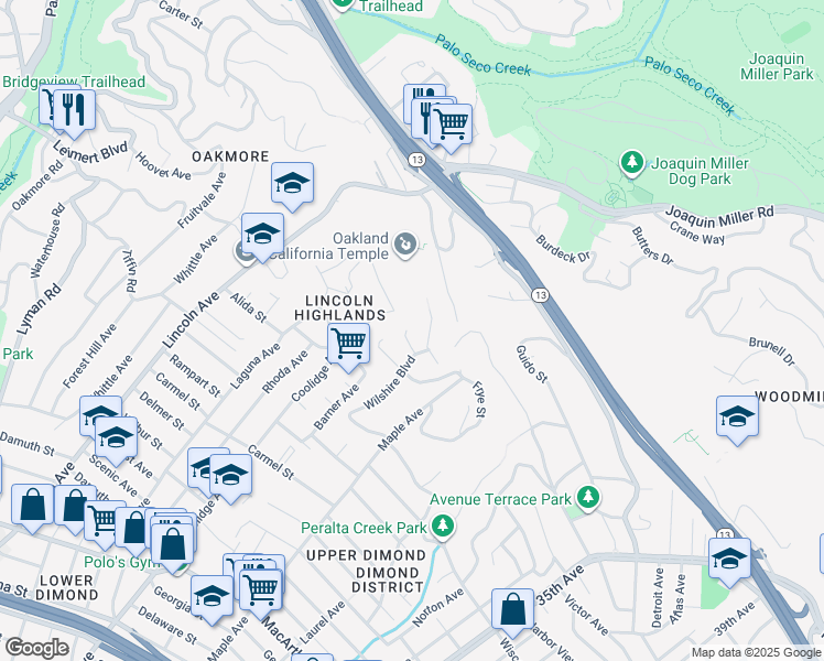 map of restaurants, bars, coffee shops, grocery stores, and more near 2818 Steinmetz Way in Oakland
