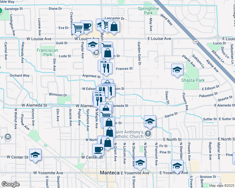 map of restaurants, bars, coffee shops, grocery stores, and more near 576 North Grant Avenue in Manteca