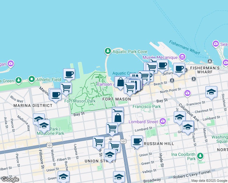 map of restaurants, bars, coffee shops, grocery stores, and more near 3269 Van Ness Avenue in San Francisco