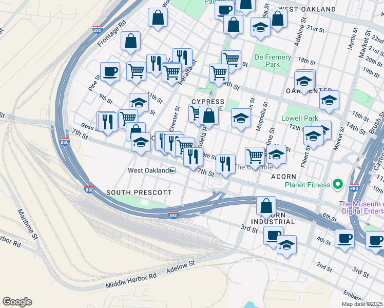 map of restaurants, bars, coffee shops, grocery stores, and more near 1411a 8th Street in Oakland