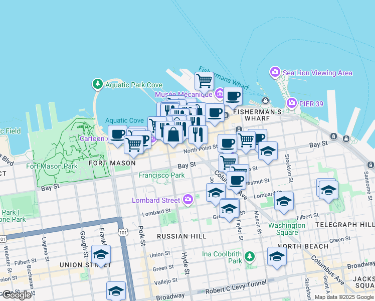 map of restaurants, bars, coffee shops, grocery stores, and more near Leavenworth St & North Point St in San Francisco