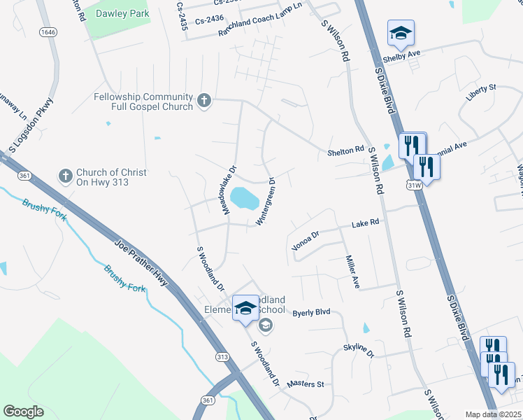 map of restaurants, bars, coffee shops, grocery stores, and more near 137 Wintergreen Drive in Radcliff