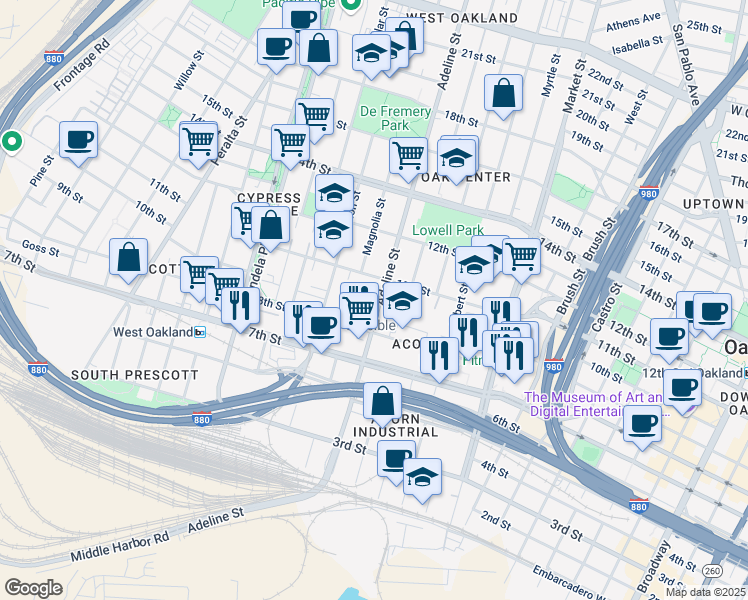 map of restaurants, bars, coffee shops, grocery stores, and more near 925 Adeline Street in Oakland