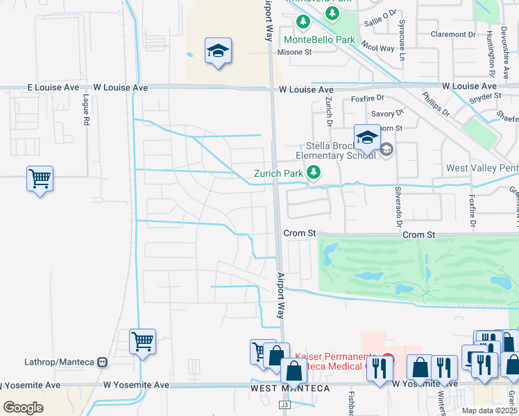 map of restaurants, bars, coffee shops, grocery stores, and more near 3493 Airport Way in Manteca