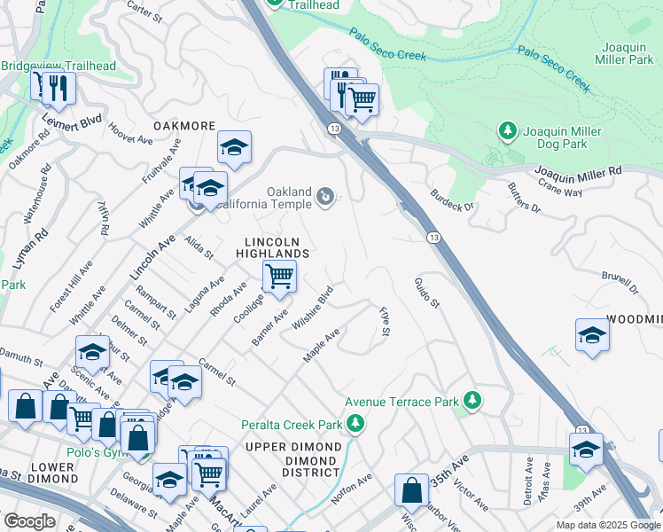 map of restaurants, bars, coffee shops, grocery stores, and more near 2818 Steinmetz Way in Oakland