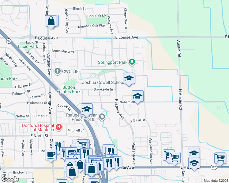 map of restaurants, bars, coffee shops, grocery stores, and more near 655 Pestana Avenue in Manteca