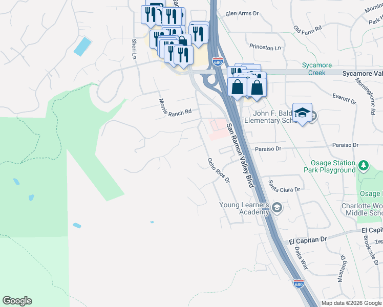 map of restaurants, bars, coffee shops, grocery stores, and more near 29 Ocho Rios Place in Danville