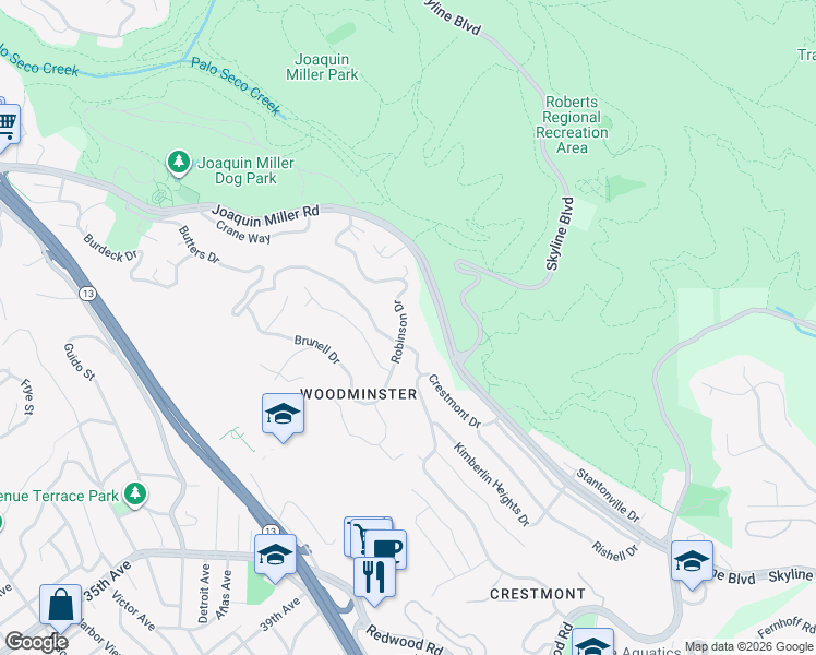 map of restaurants, bars, coffee shops, grocery stores, and more near 3444 Robinson Drive in Oakland