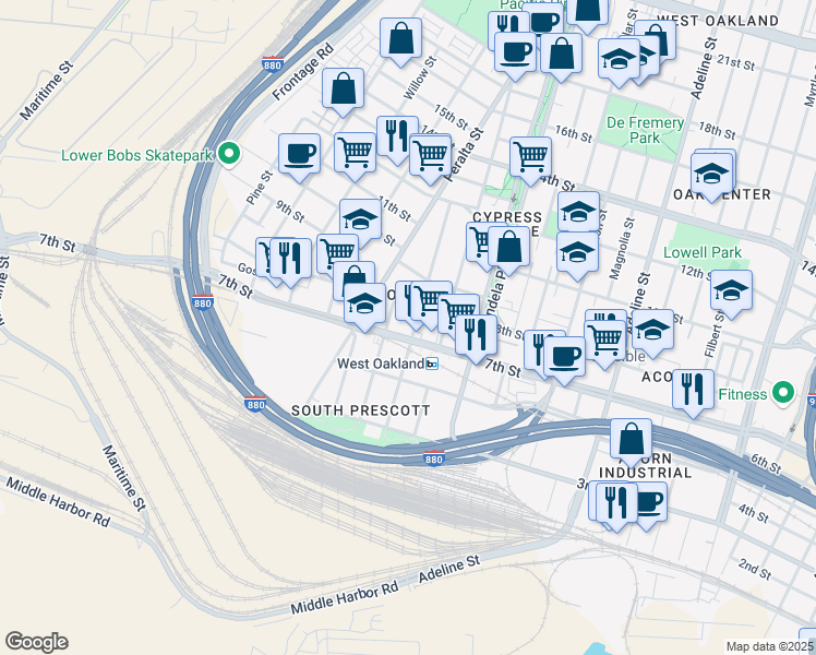 map of restaurants, bars, coffee shops, grocery stores, and more near 719 Chester Street in Oakland