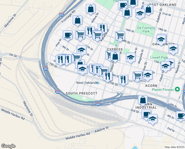 map of restaurants, bars, coffee shops, grocery stores, and more near 719 Chester Street in Oakland