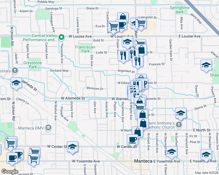 map of restaurants, bars, coffee shops, grocery stores, and more near 574 Acacia Ave in Manteca