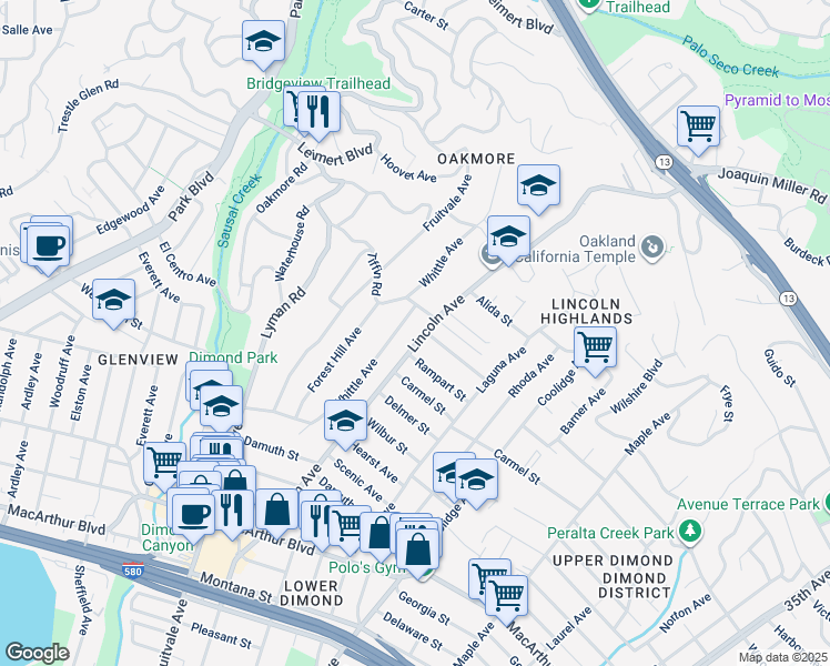 map of restaurants, bars, coffee shops, grocery stores, and more near 4087 Lincoln Avenue in Oakland