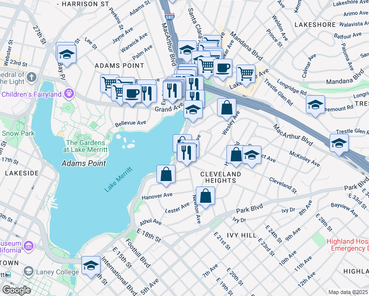 map of restaurants, bars, coffee shops, grocery stores, and more near 2204 Lakeshore Avenue in Oakland