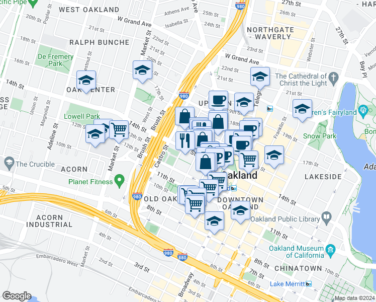 map of restaurants, bars, coffee shops, grocery stores, and more near 1307 Jefferson Street in Oakland