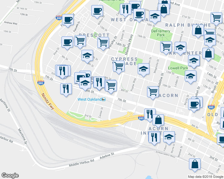 map of restaurants, bars, coffee shops, grocery stores, and more near 1411a 8th Street in Oakland