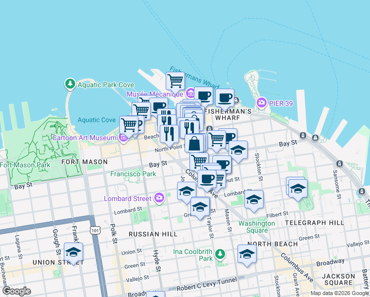 map of restaurants, bars, coffee shops, grocery stores, and more near 555 North Point Street in San Francisco