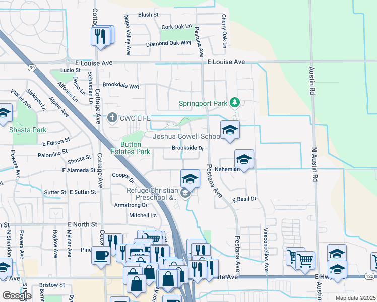 map of restaurants, bars, coffee shops, grocery stores, and more near 1738 Brookside Dr in Manteca