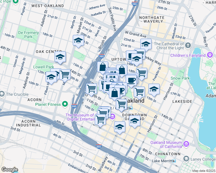 map of restaurants, bars, coffee shops, grocery stores, and more near 1307 Jefferson Street in Oakland