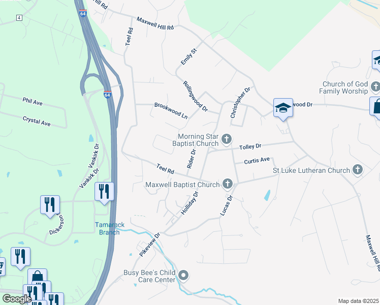 map of restaurants, bars, coffee shops, grocery stores, and more near 111 Rider Dr in Beckley