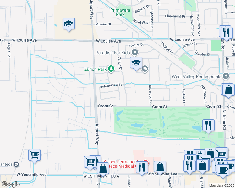 map of restaurants, bars, coffee shops, grocery stores, and more near 581 Appenzel Place in Manteca