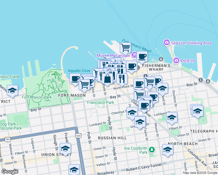map of restaurants, bars, coffee shops, grocery stores, and more near 764 North Point Street in San Francisco