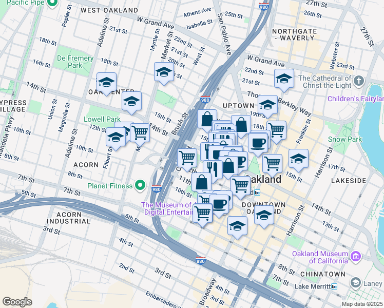 map of restaurants, bars, coffee shops, grocery stores, and more near 672 13th Street in Oakland