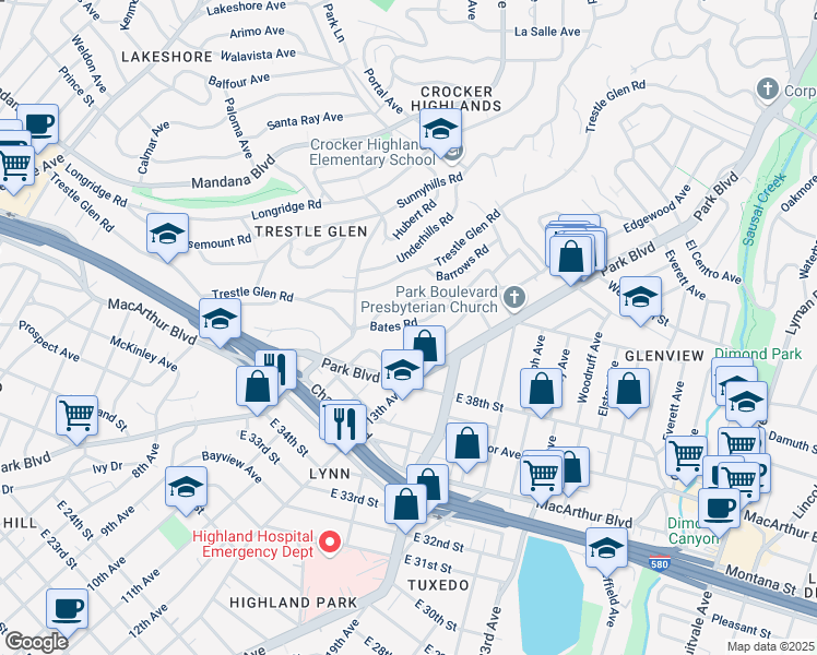 map of restaurants, bars, coffee shops, grocery stores, and more near 1277 Bates Road in Oakland