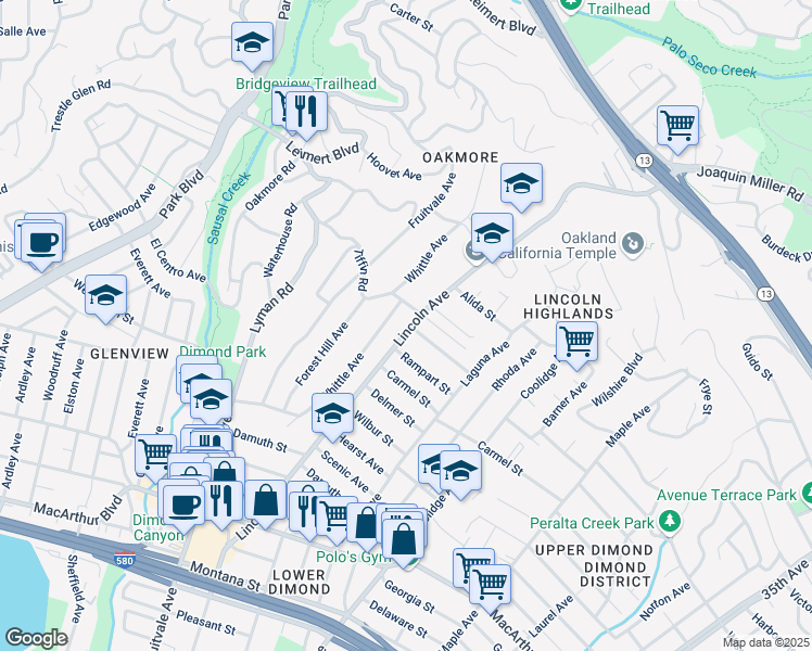 map of restaurants, bars, coffee shops, grocery stores, and more near 4087 Lincoln Avenue in Oakland
